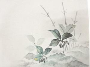 アンティーク　作家物　縮緬地　手描き　草の実模様名古屋帯